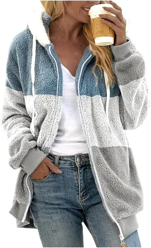 Womens Winter Coats Fuzzy Fleece Zipper Hooded Jacket Color Block Patchwork Outdoor Loose Comfy Warm Sherpa Outerwear