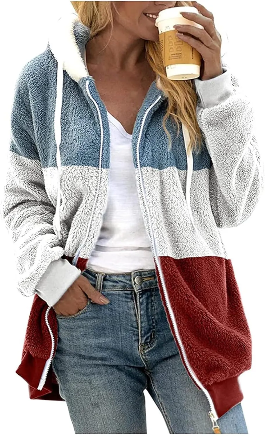 Womens Winter Coats Fuzzy Fleece Zipper Hooded Jacket Color Block Patchwork Outdoor Loose Comfy Warm Sherpa Outerwear