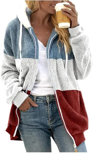 Womens Winter Coats Fuzzy Fleece Zipper Hooded Jacket Color Block Patchwork Outdoor Loose Comfy Warm Sherpa Outerwear