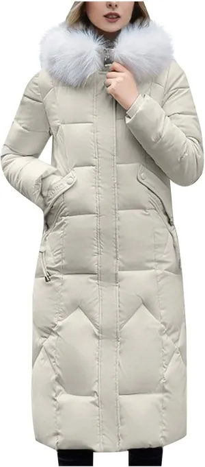 Women's Winter Coats with Fur Hood Puffer Down Jackets Parka Long Overcoat Warm Cotton Bread Jacket Quilted Outerwear