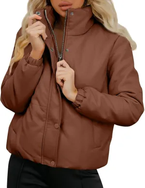 Women's Winter Puffer Jacket Long Sleeve Zip Up Quilted Baggy Warm Short Puffer Down Coats Hooded with Pockets
