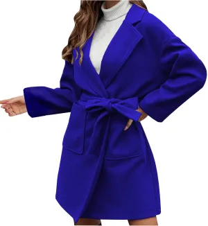 Women's Winter Wool Blend Peacoat Lapel Outerwear Trendy Jacket Casual Elegant Business Long Trench Coats with Belt