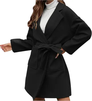 Women's Winter Wool Blend Peacoat Lapel Outerwear Trendy Jacket Casual Elegant Business Long Trench Coats with Belt