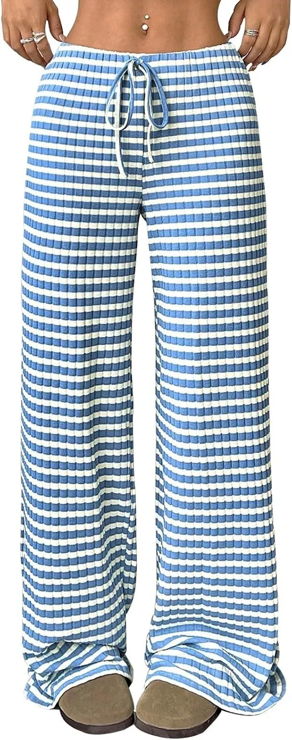 Wowcarbazole Women's Wide Leg Pants Striped Elastic High Waisted Casual Knit Palazzo Pants Drawstring Lounge Pajama Trousers