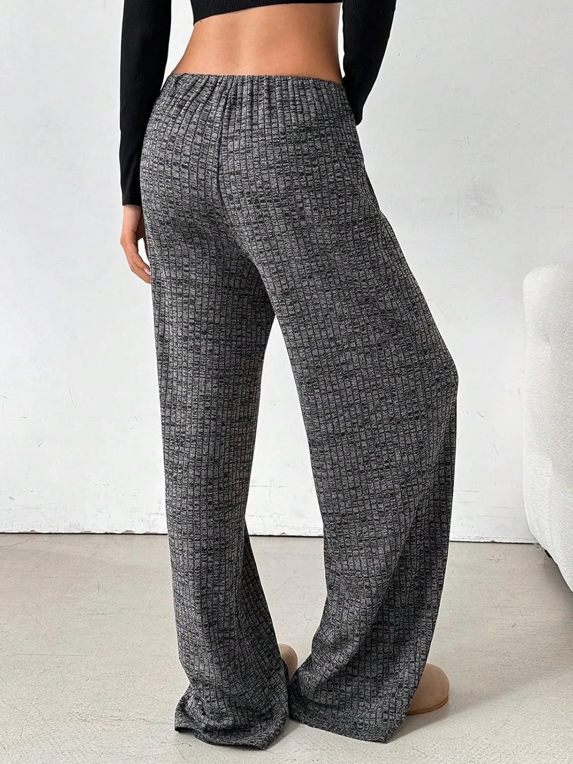 Wowcarbazole Women's Wide Leg Pants Striped Elastic High Waisted Casual Knit Palazzo Pants Drawstring Lounge Pajama Trousers