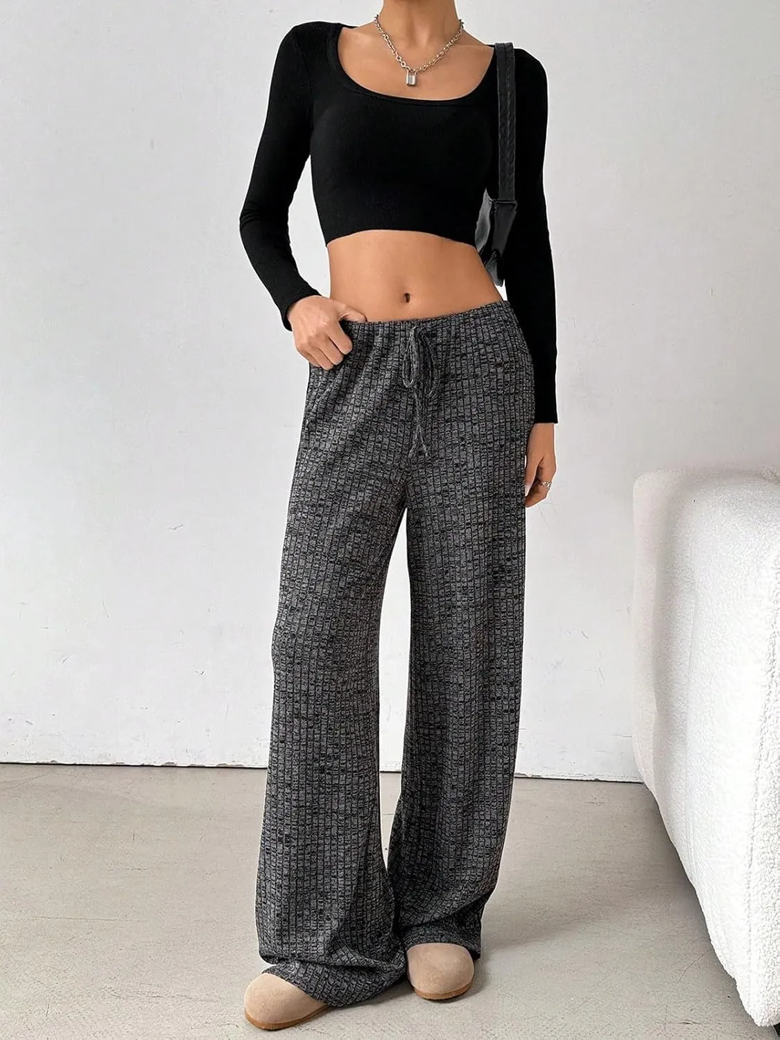 Wowcarbazole Women's Wide Leg Pants Striped Elastic High Waisted Casual Knit Palazzo Pants Drawstring Lounge Pajama Trousers