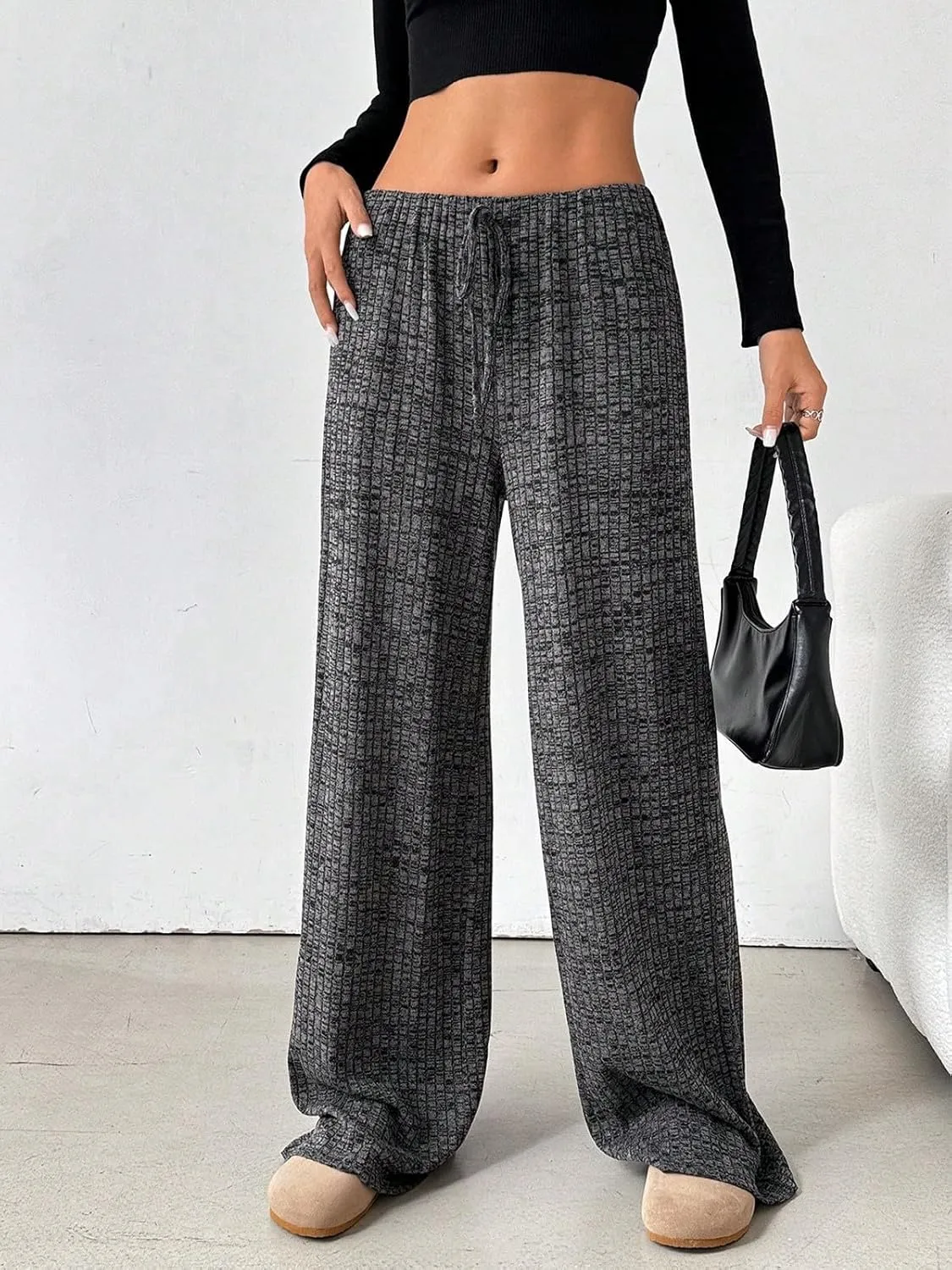 Wowcarbazole Women's Wide Leg Pants Striped Elastic High Waisted Casual Knit Palazzo Pants Drawstring Lounge Pajama Trousers