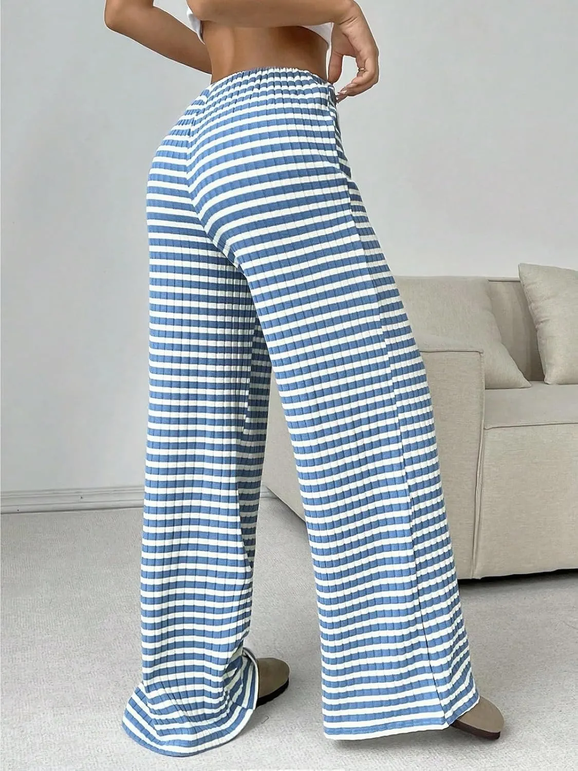 Wowcarbazole Women's Wide Leg Pants Striped Elastic High Waisted Casual Knit Palazzo Pants Drawstring Lounge Pajama Trousers