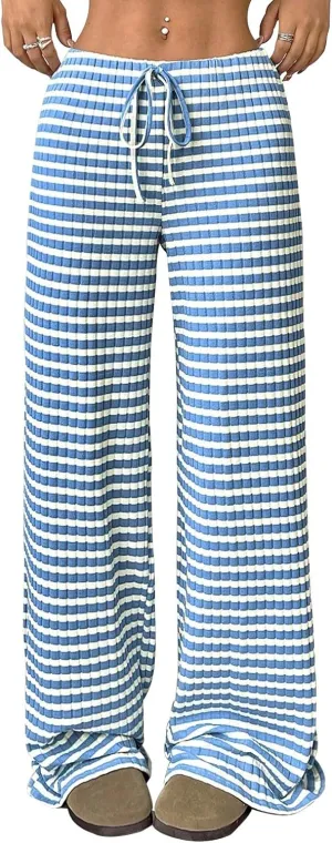 Wowcarbazole Women's Wide Leg Pants Striped Elastic High Waisted Casual Knit Palazzo Pants Drawstring Lounge Pajama Trousers