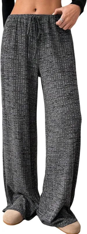 Wowcarbazole Women's Wide Leg Pants Striped Elastic High Waisted Casual Knit Palazzo Pants Drawstring Lounge Pajama Trousers