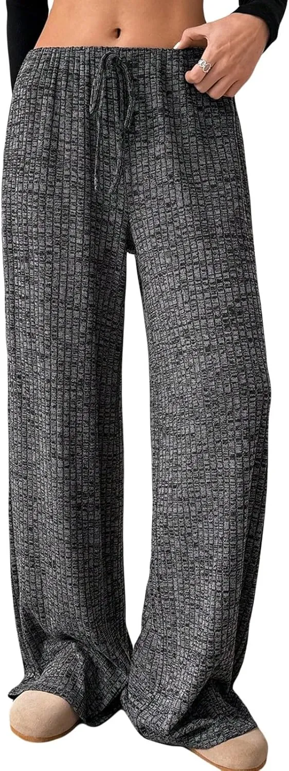 Wowcarbazole Women's Wide Leg Pants Striped Elastic High Waisted Casual Knit Palazzo Pants Drawstring Lounge Pajama Trousers