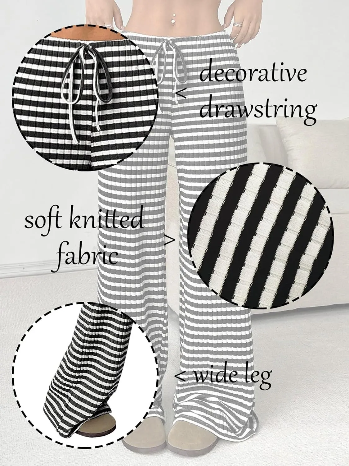 Wowcarbazole Women's Wide Leg Pants Striped Elastic High Waisted Casual Knit Palazzo Pants Drawstring Lounge Pajama Trousers