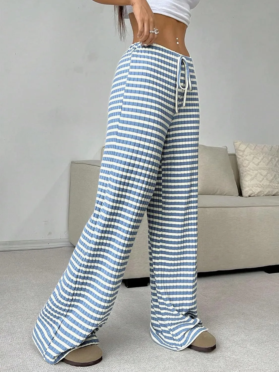 Wowcarbazole Women's Wide Leg Pants Striped Elastic High Waisted Casual Knit Palazzo Pants Drawstring Lounge Pajama Trousers