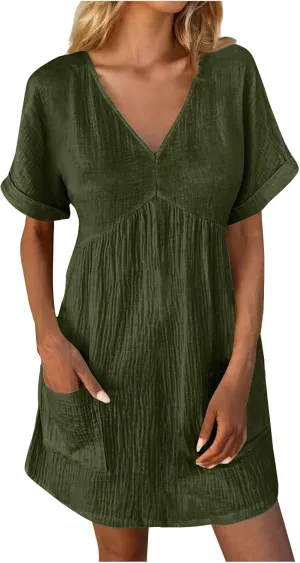 Xiaojmake Sleeveless Summer Dresses for Women Textured Pleated Line Mini Tshirt Dress with Pockets V Neck Loose Shift Dress