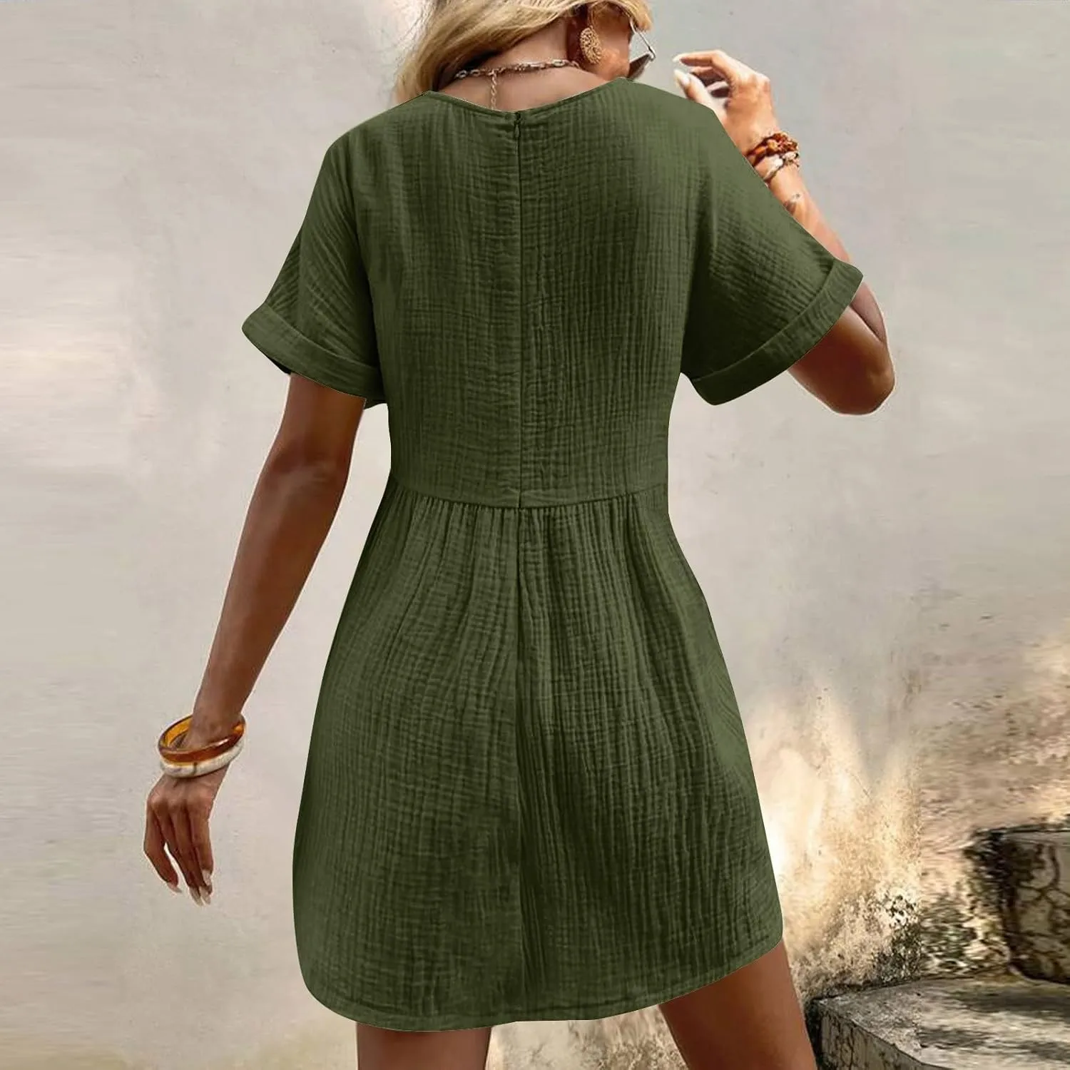 Xiaojmake Sleeveless Summer Dresses for Women Textured Pleated Line Mini Tshirt Dress with Pockets V Neck Loose Shift Dress