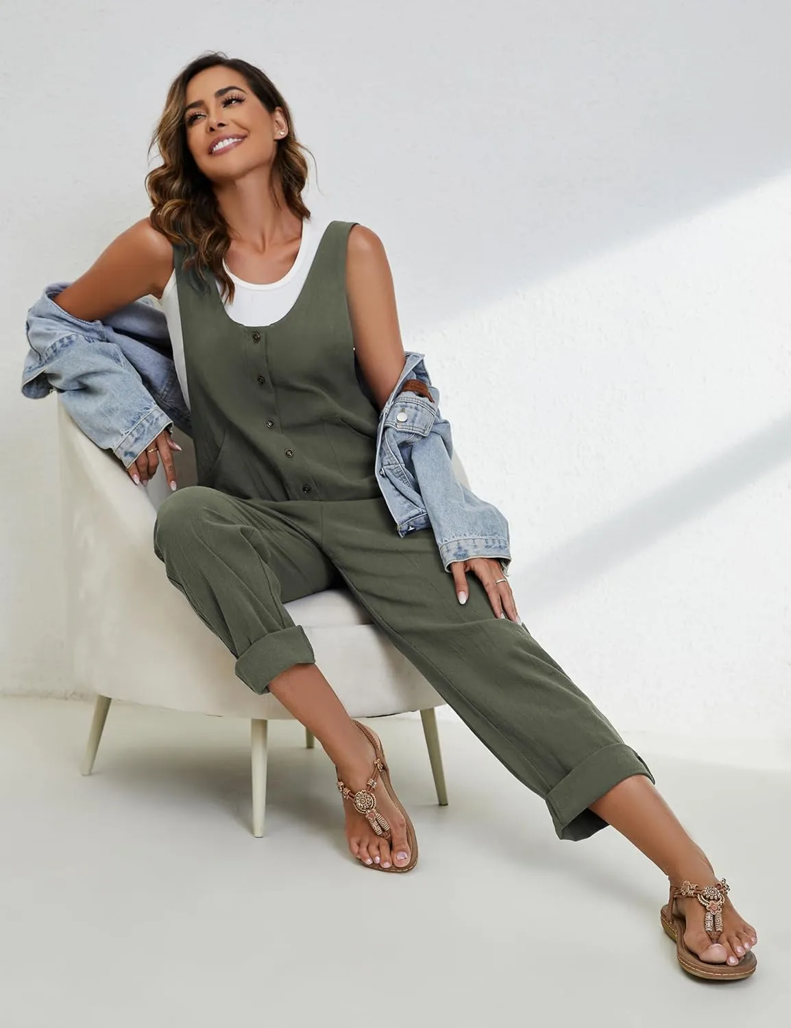 Yeokou Womens Overalls Linen Cotton Jumpsuits Loose Casual Jumpers with Pockets