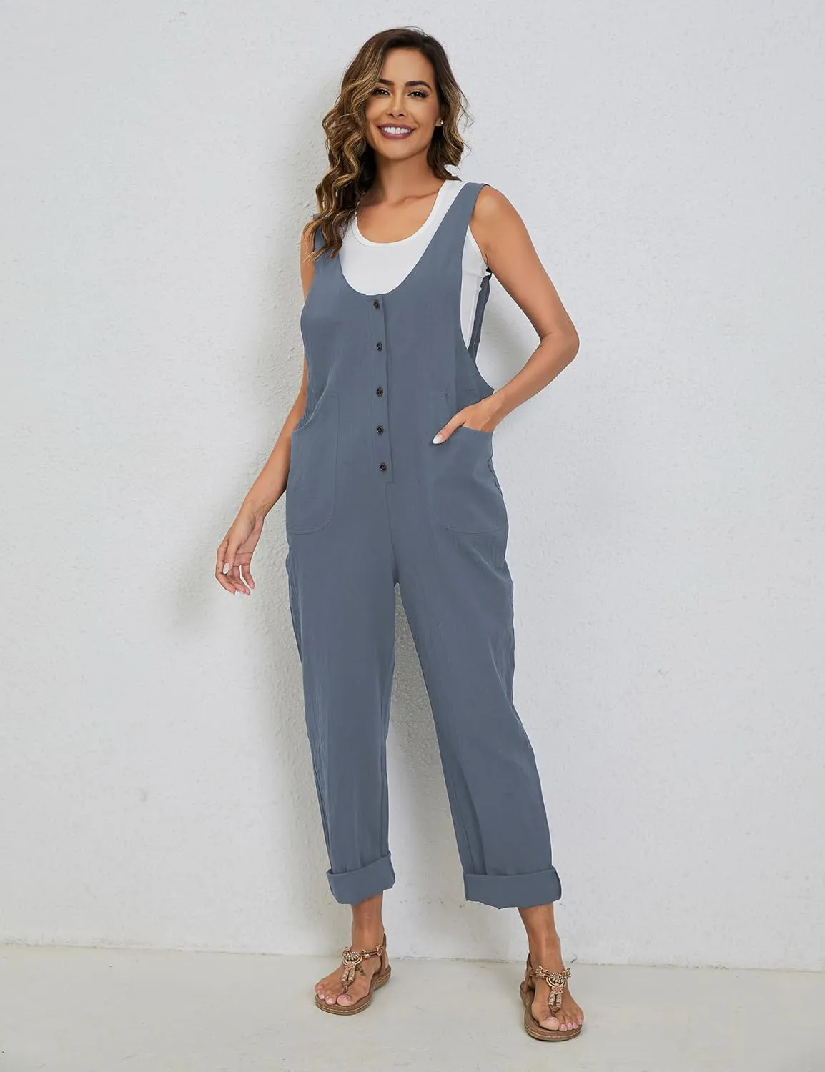Yeokou Womens Overalls Linen Cotton Jumpsuits Loose Casual Jumpers with Pockets