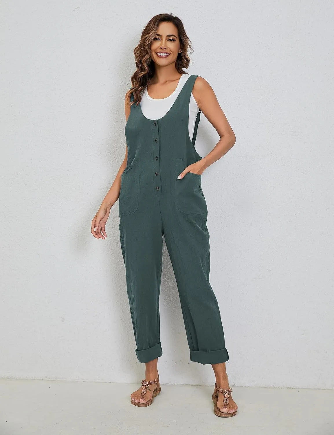 Yeokou Womens Overalls Linen Cotton Jumpsuits Loose Casual Jumpers with Pockets