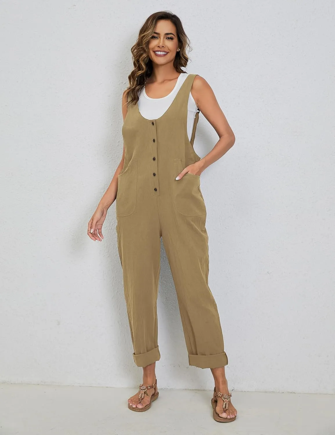 Yeokou Womens Overalls Linen Cotton Jumpsuits Loose Casual Jumpers with Pockets
