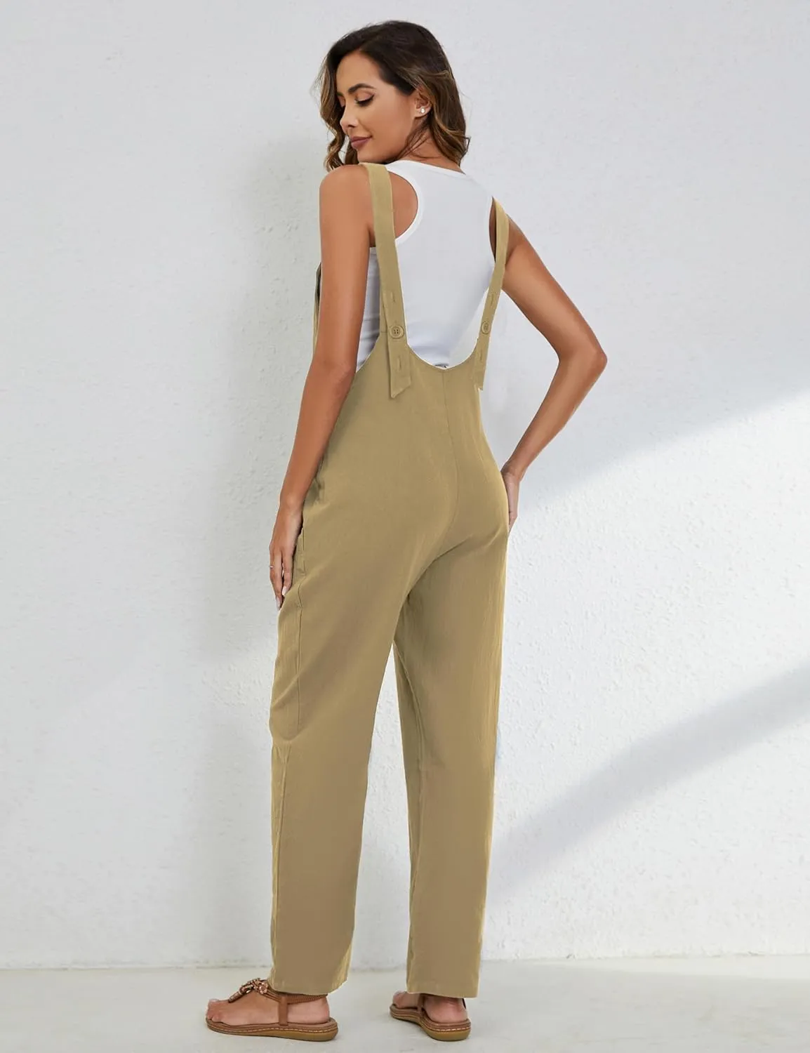 Yeokou Womens Overalls Linen Cotton Jumpsuits Loose Casual Jumpers with Pockets