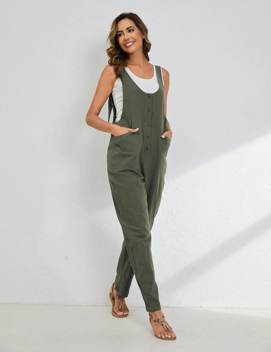 Yeokou Womens Overalls Linen Cotton Jumpsuits Loose Casual Jumpers with Pockets