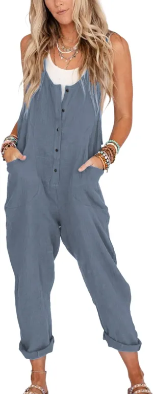 Yeokou Womens Overalls Linen Cotton Jumpsuits Loose Casual Jumpers with Pockets