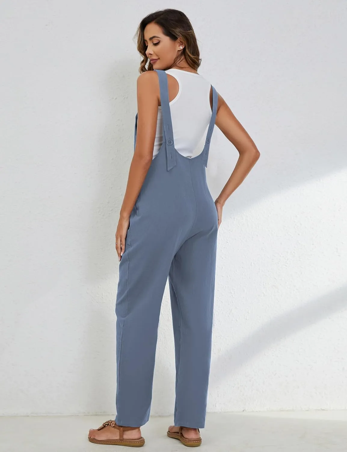 Yeokou Womens Overalls Linen Cotton Jumpsuits Loose Casual Jumpers with Pockets