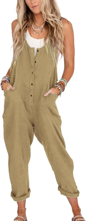 Yeokou Womens Overalls Linen Cotton Jumpsuits Loose Casual Jumpers with Pockets