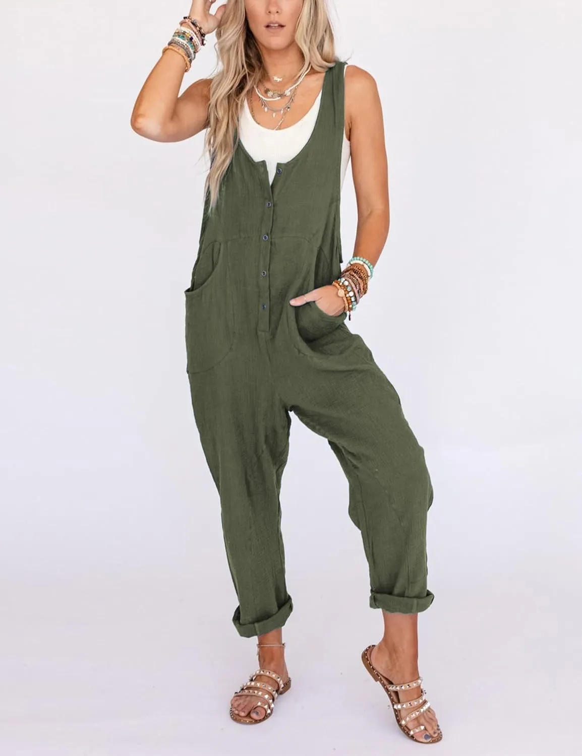 Yeokou Womens Overalls Linen Cotton Jumpsuits Loose Casual Jumpers with Pockets