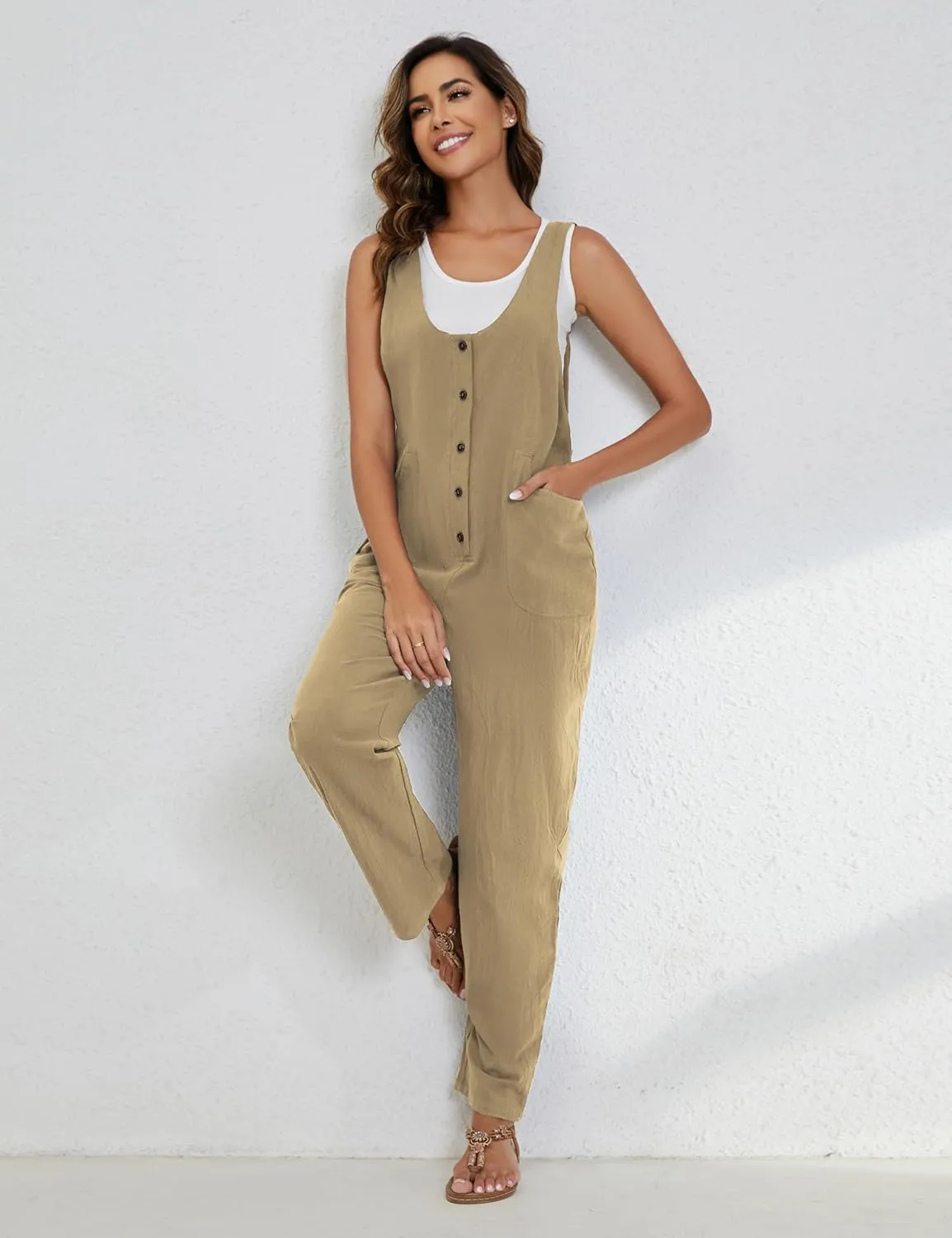 Yeokou Womens Overalls Linen Cotton Jumpsuits Loose Casual Jumpers with Pockets