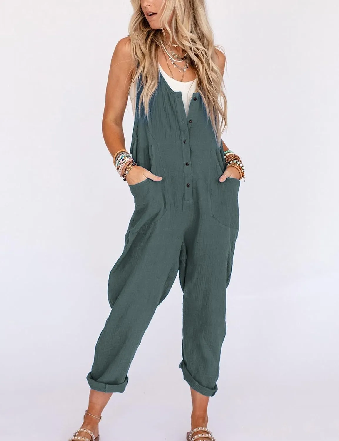 Yeokou Womens Overalls Linen Cotton Jumpsuits Loose Casual Jumpers with Pockets