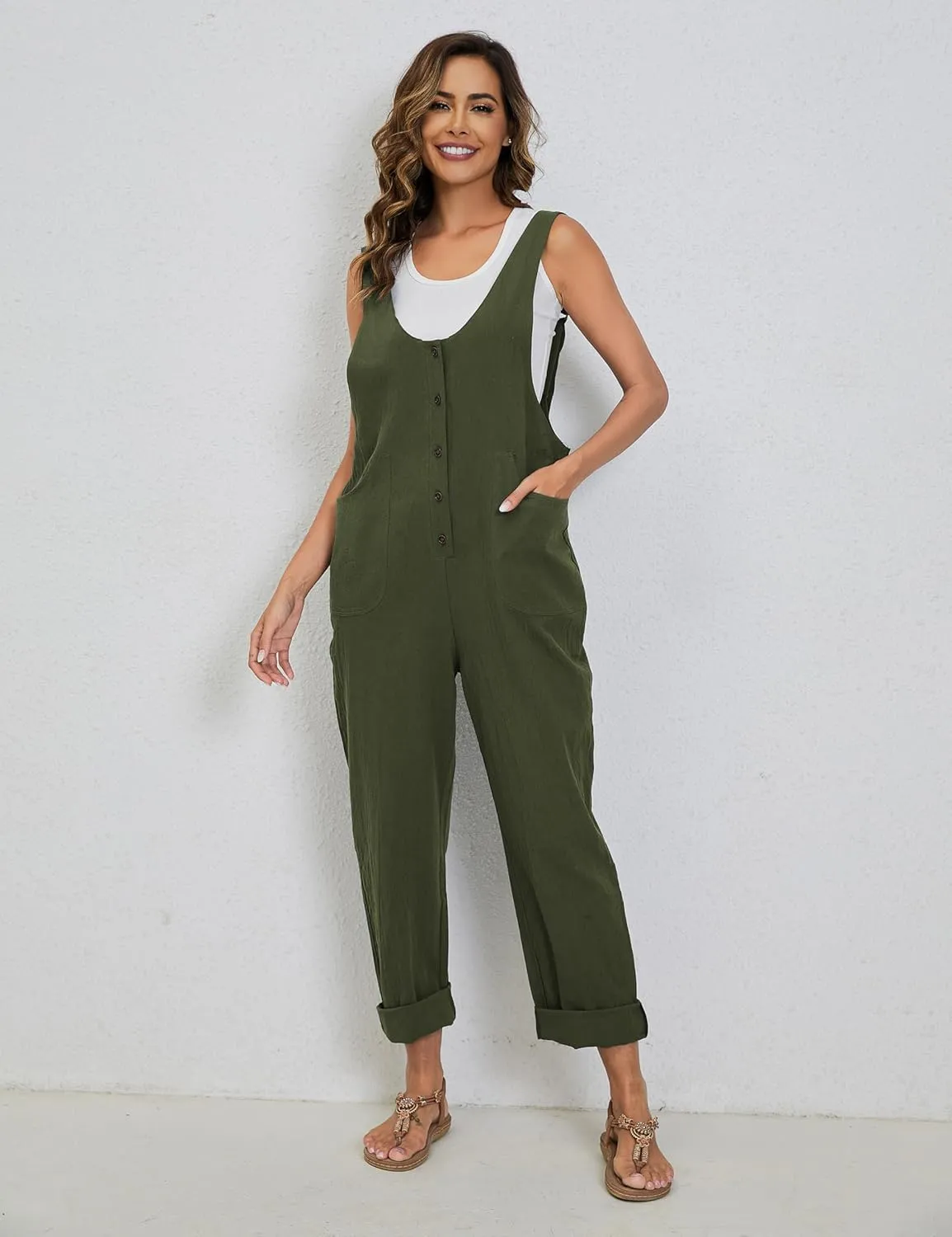 Yeokou Womens Overalls Linen Cotton Jumpsuits Loose Casual Jumpers with Pockets