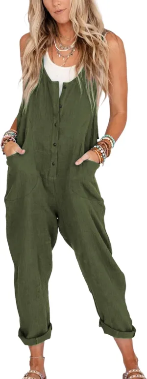 Yeokou Womens Overalls Linen Cotton Jumpsuits Loose Casual Jumpers with Pockets