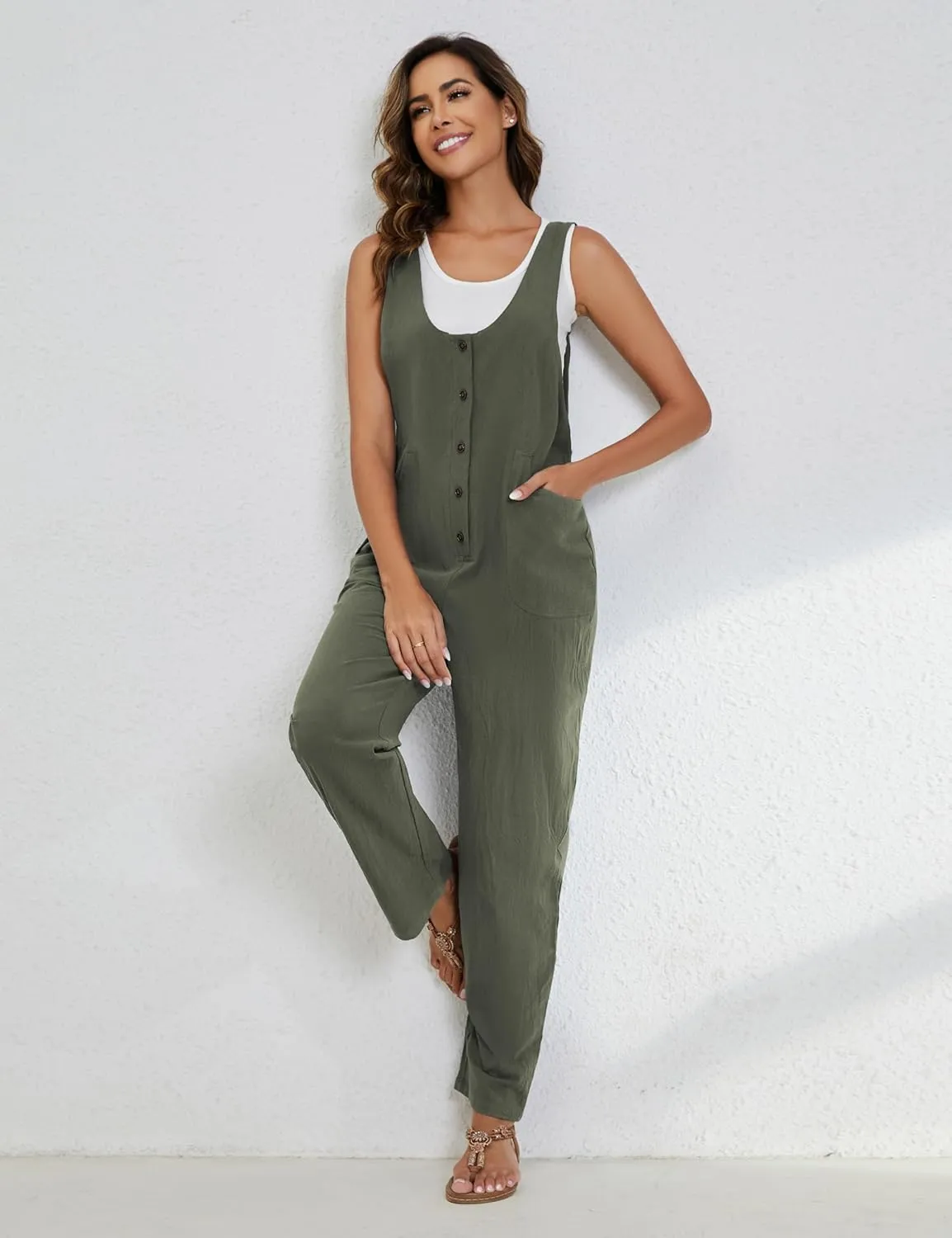Yeokou Womens Overalls Linen Cotton Jumpsuits Loose Casual Jumpers with Pockets