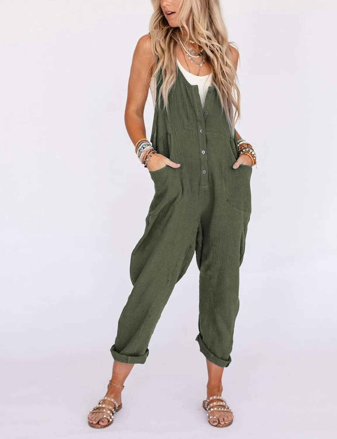 Yeokou Womens Overalls Linen Cotton Jumpsuits Loose Casual Jumpers with Pockets