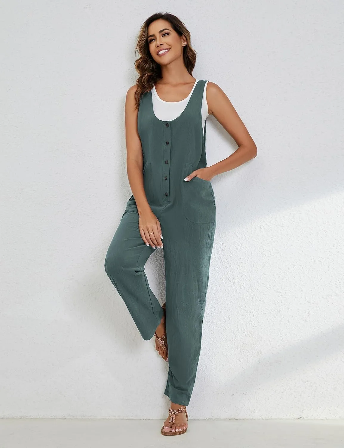 Yeokou Womens Overalls Linen Cotton Jumpsuits Loose Casual Jumpers with Pockets