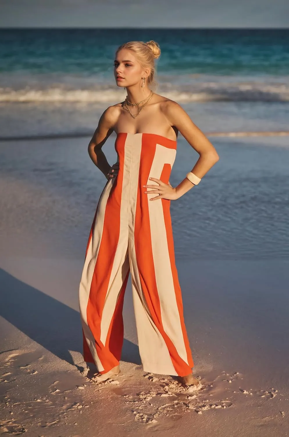 Ythomm Womens Striped Wide Leg Jumpsuits Boho Strapless Long Romper Off Shoulder Summer Jumpsuits One Piece Travel Outfits