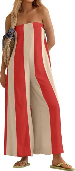 Ythomm Womens Striped Wide Leg Jumpsuits Boho Strapless Long Romper Off Shoulder Summer Jumpsuits One Piece Travel Outfits