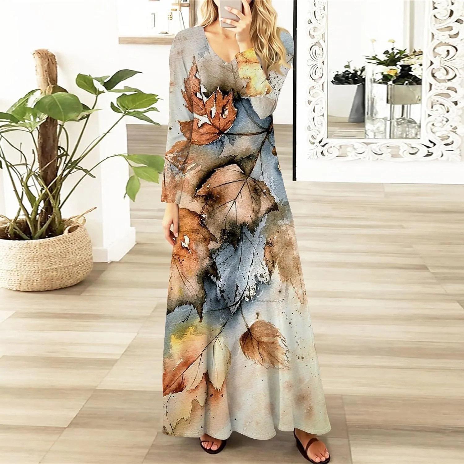 ZEFOTIM Long Sleeve Maxi Dress for Women Floral/Solid Dress Summer Dresses Long Dresses V Neck Dresses Spring Dress