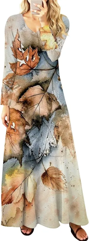 ZEFOTIM Long Sleeve Maxi Dress for Women Floral/Solid Dress Summer Dresses Long Dresses V Neck Dresses Spring Dress