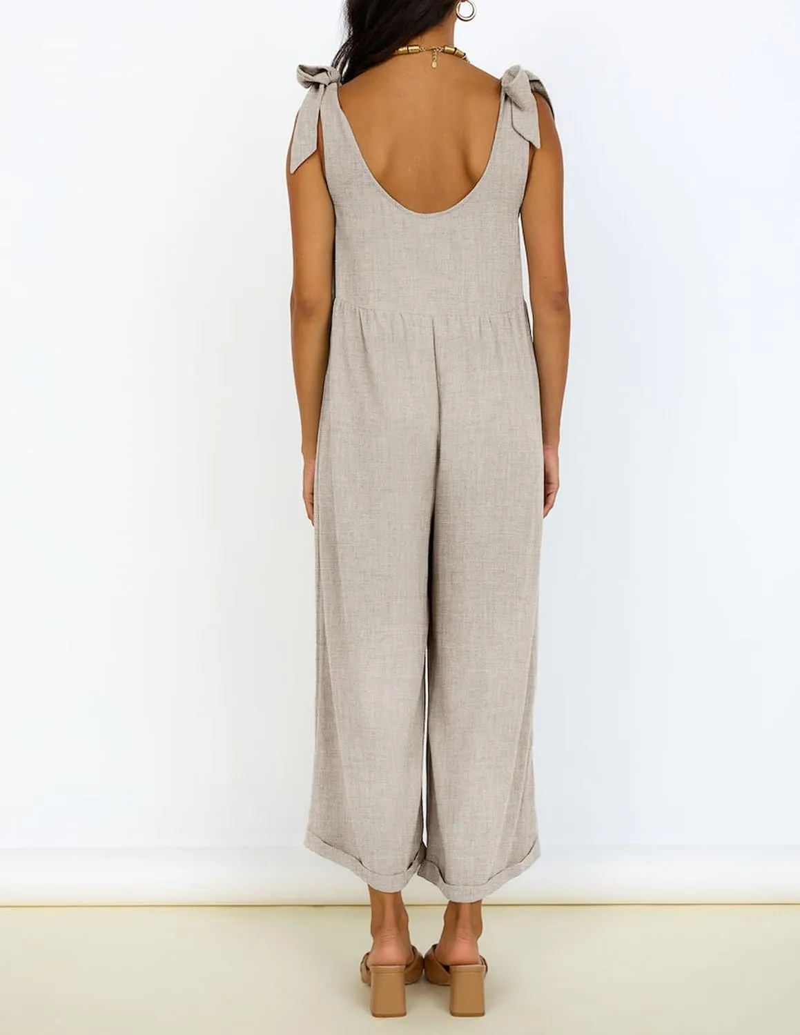 ZESICA Women's Summer Loose Sleeveless Jumpsuits Linen Adjustable Straps Oversized Wide Leg Long Overall Rompers with Pockets
