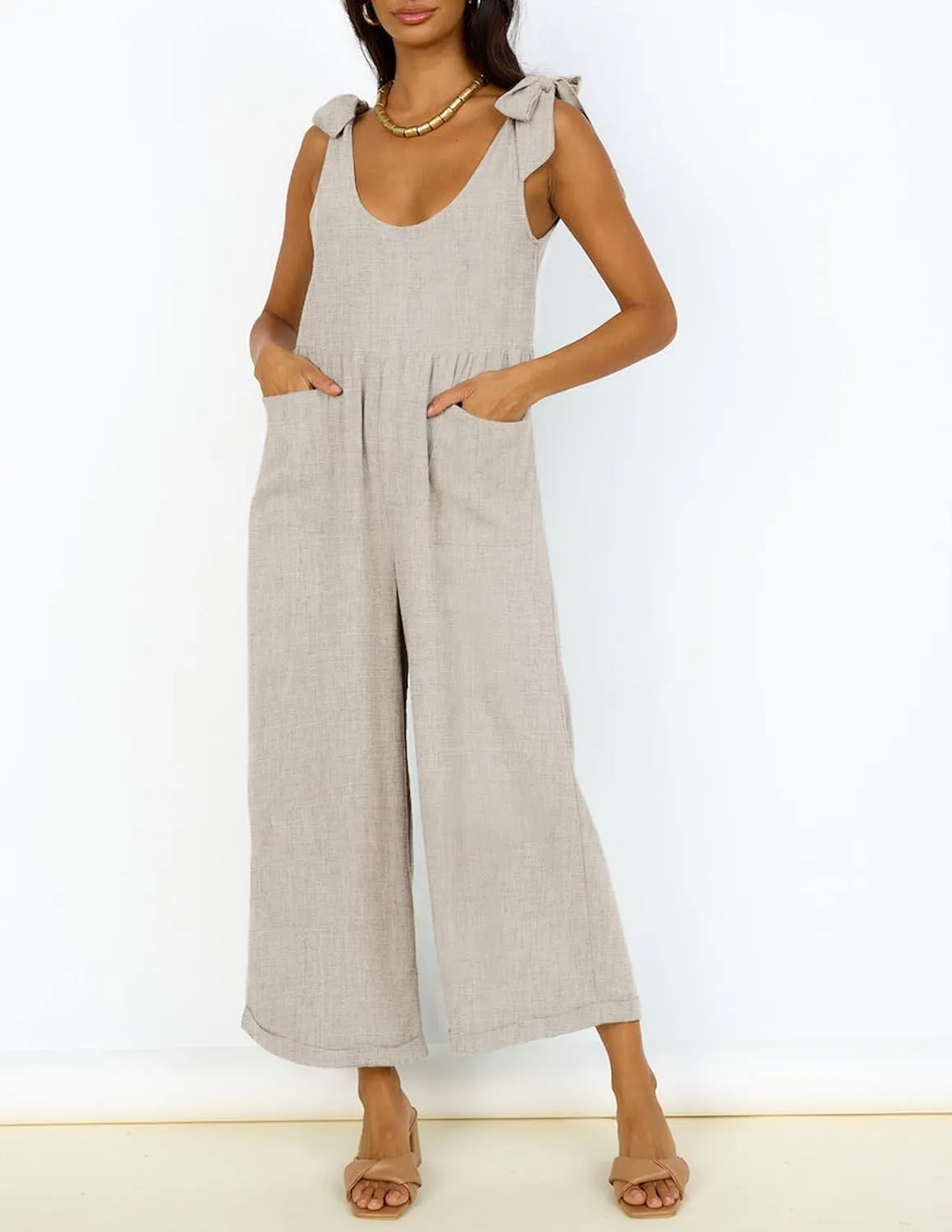 ZESICA Women's Summer Loose Sleeveless Jumpsuits Linen Adjustable Straps Oversized Wide Leg Long Overall Rompers with Pockets