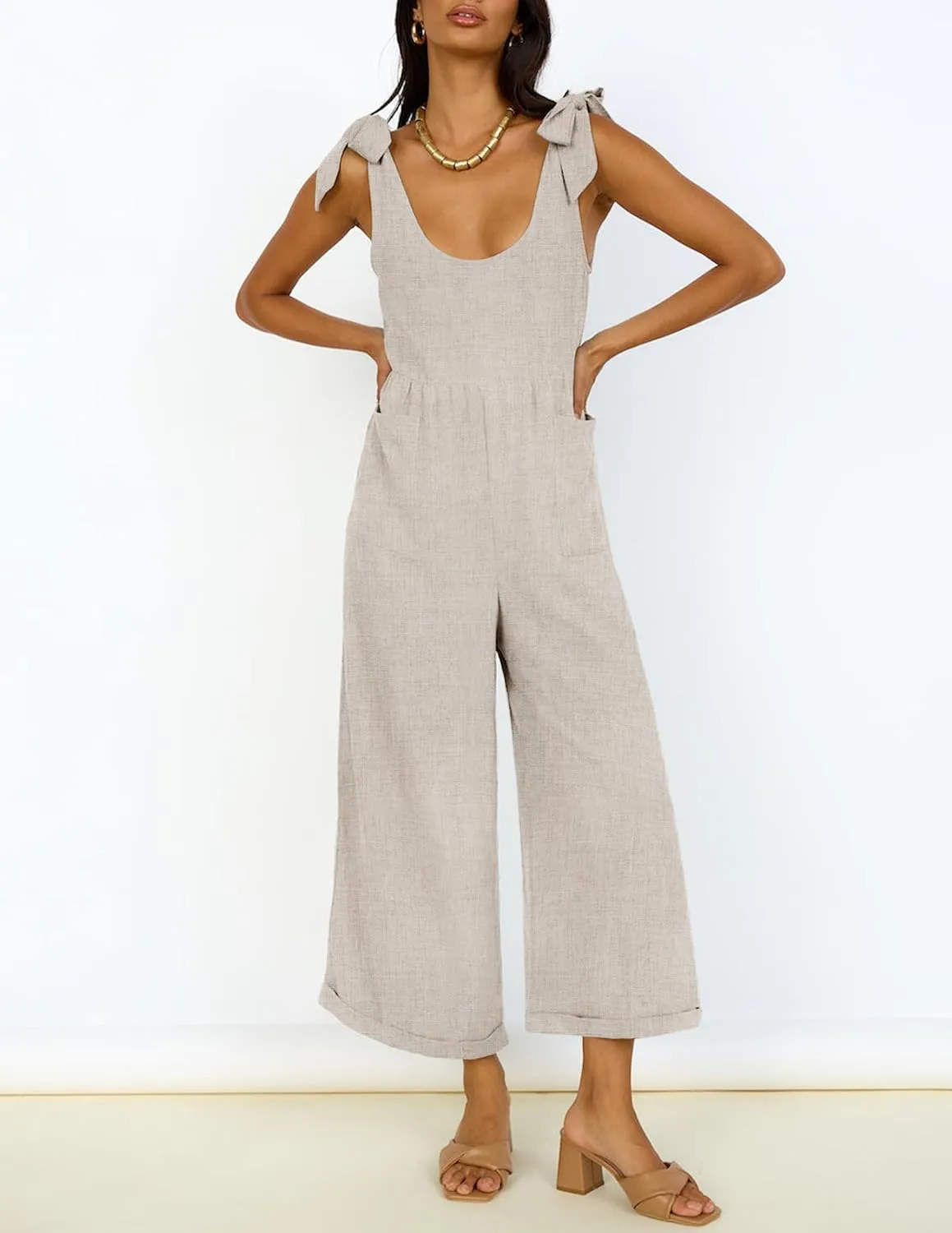 ZESICA Women's Summer Loose Sleeveless Jumpsuits Linen Adjustable Straps Oversized Wide Leg Long Overall Rompers with Pockets