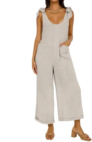 ZESICA Women's Summer Loose Sleeveless Jumpsuits Linen Adjustable Straps Oversized Wide Leg Long Overall Rompers with Pockets