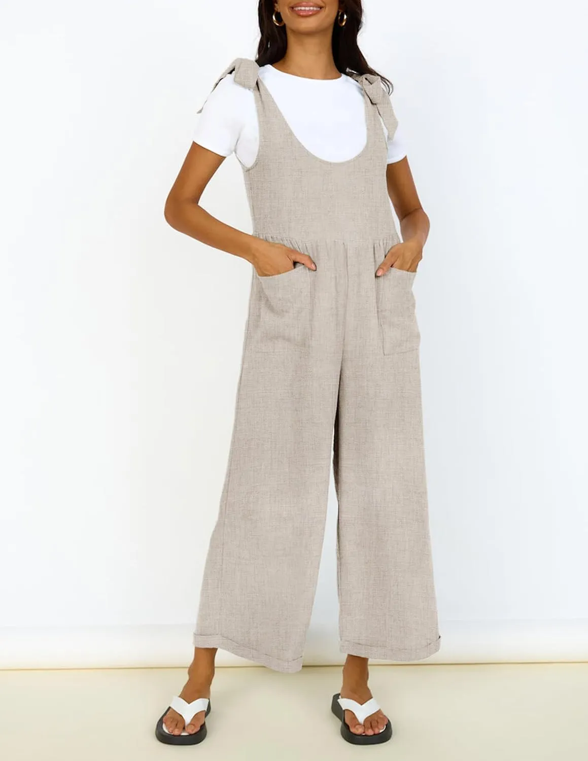 ZESICA Women's Summer Loose Sleeveless Jumpsuits Linen Adjustable Straps Oversized Wide Leg Long Overall Rompers with Pockets