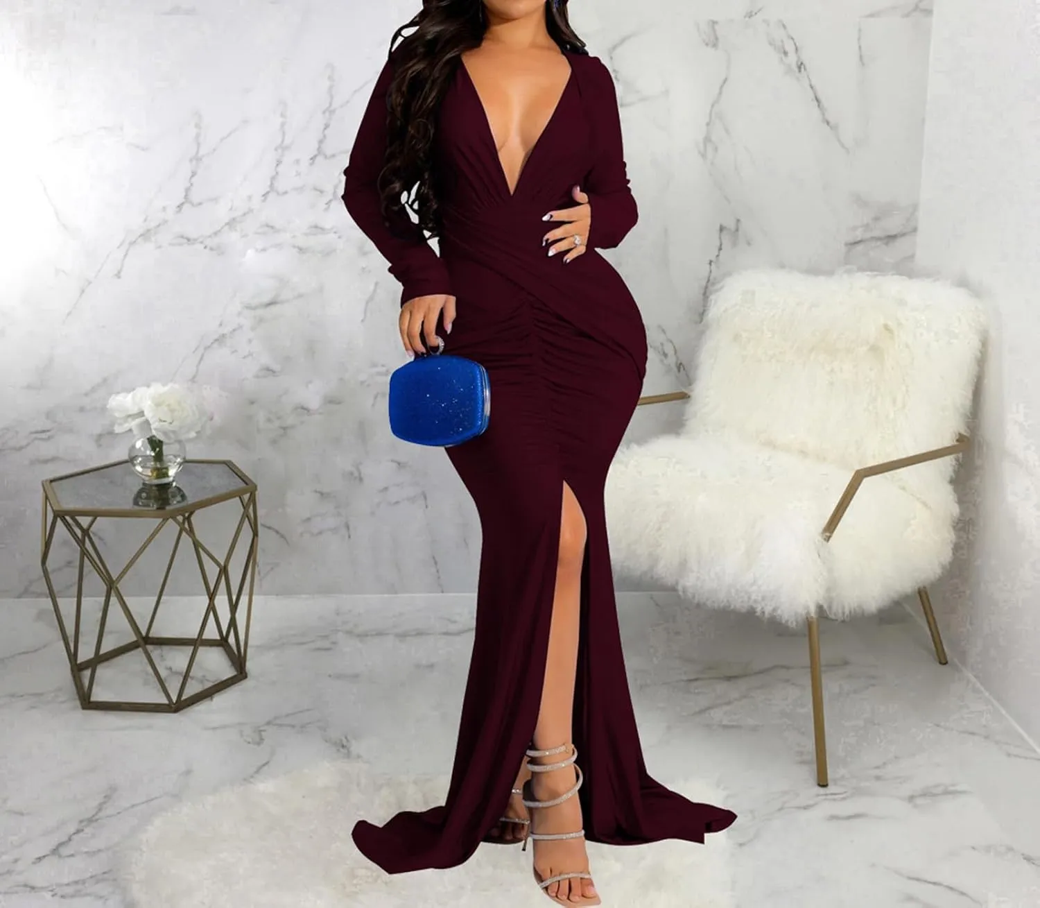 ZonJie Women's Evening Gowns Formal Elegant Long Sleeve Off Shoulder Party Dress Sexy Floor Length Wedding Guest Maxi Dresses