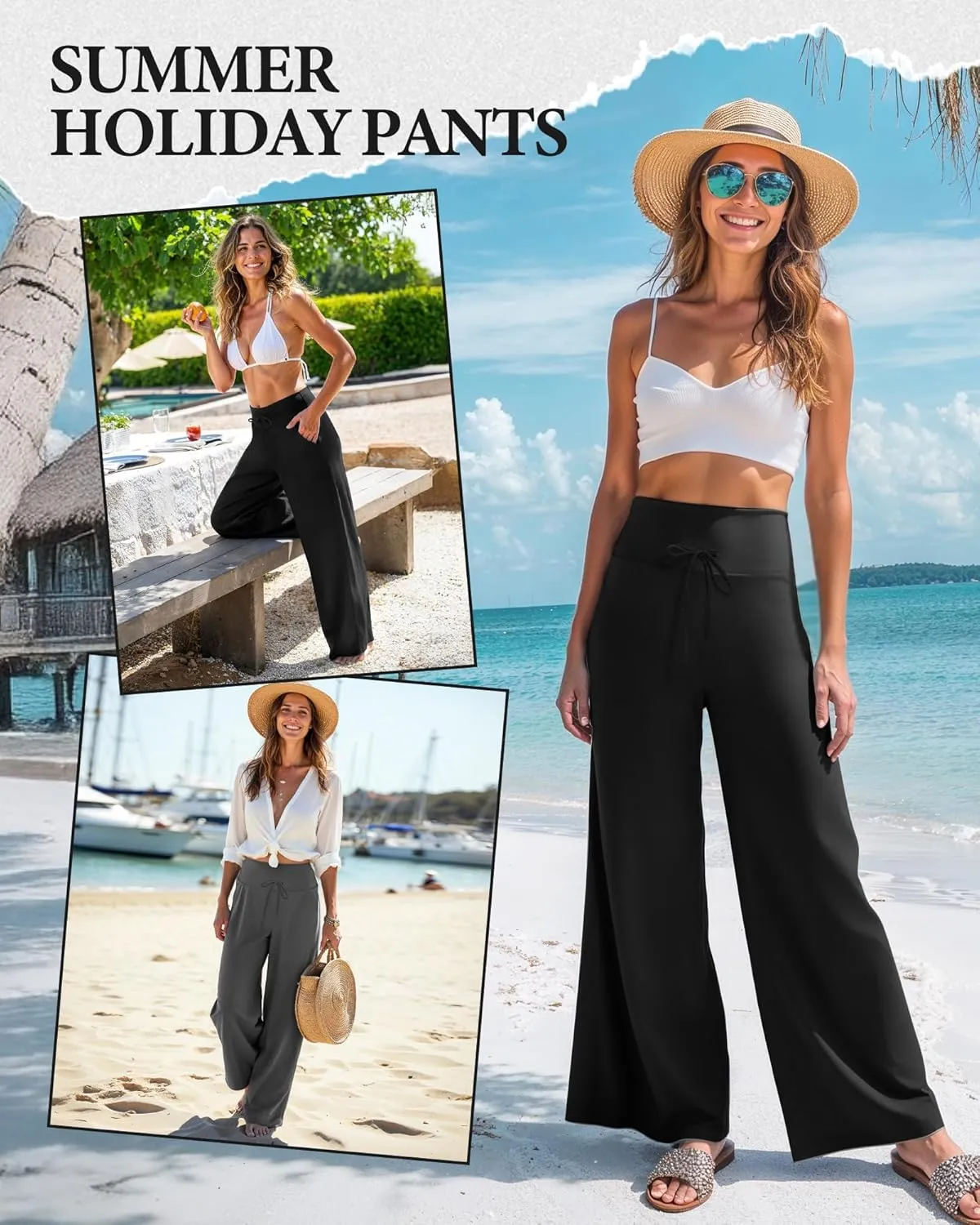 ZOOSIXX Soft Black Pajama Pants for Women, Wide Leg Comfy Casual Lounge Yoga Capri Pants 22'' / 30''
