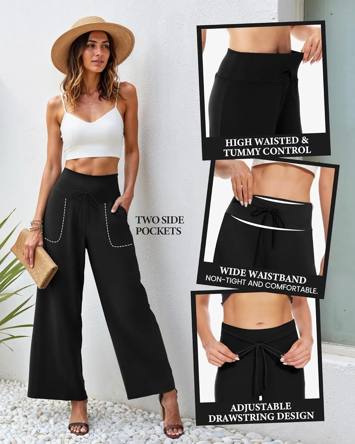 ZOOSIXX Soft Black Pajama Pants for Women, Wide Leg Comfy Casual Lounge Yoga Capri Pants 22'' / 30''